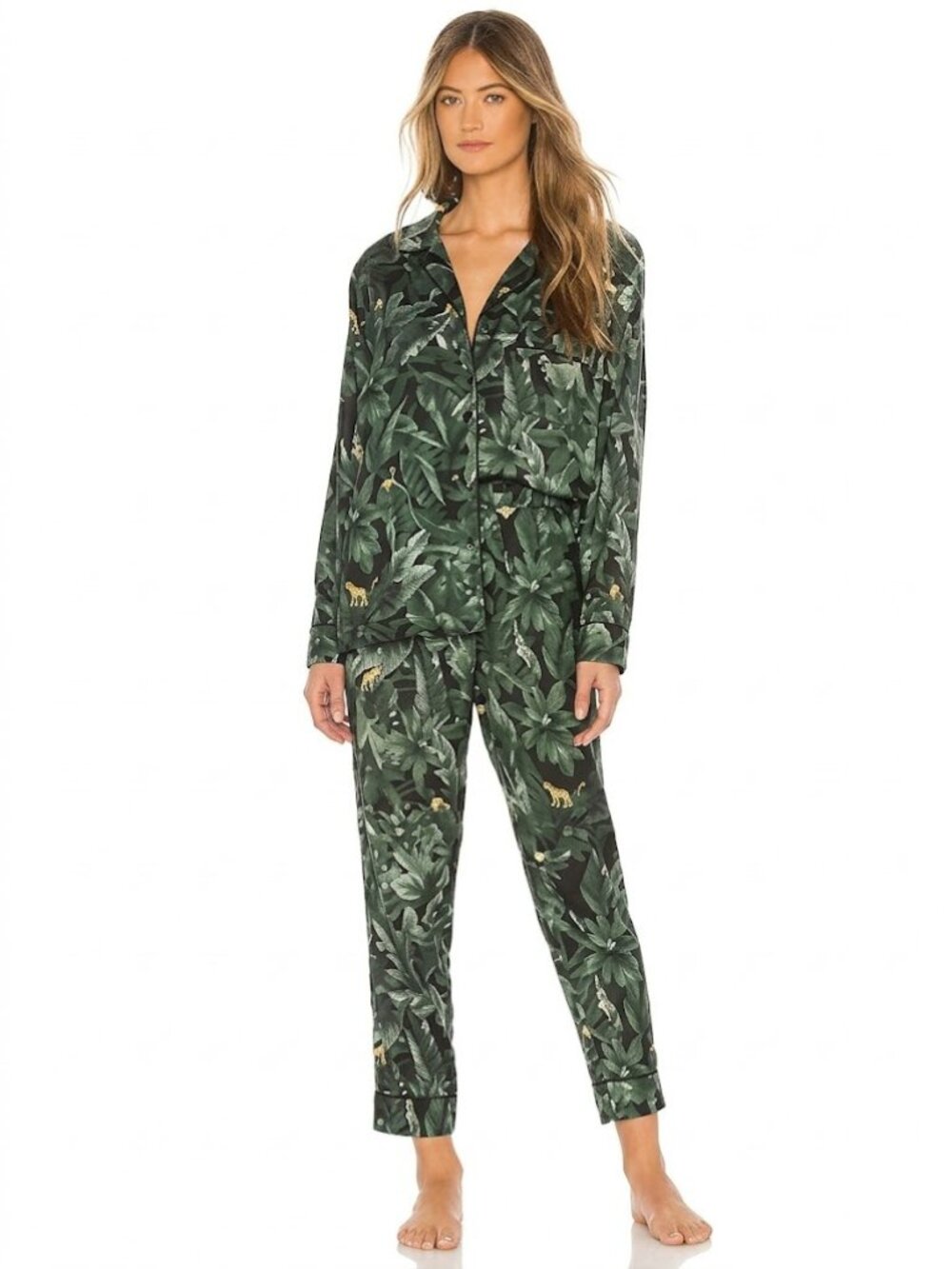 Revolve Plush Apparel Silky Pajama Set Top Pants Jungle Print Emerald Green XS